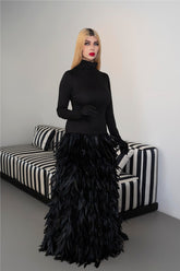 Long sleeve dress with gloves and A line feathered skirt - REYNA